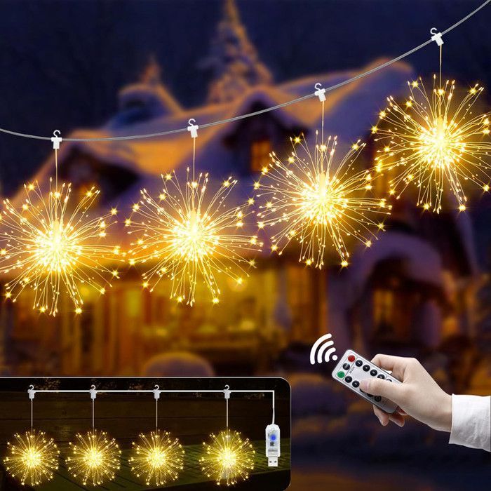 Luci decorative a stringa ROSNEK, 4 pezzi, 120 LED, effetto stella, fuochi d'artificio, 8 modalità, impermeabili, per Natale e esterni.