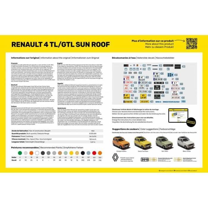 Miniatura de carro - HELLER - Renault 4 TL/GTL com teto solar - Escala 1:24 - Vintage - Unissex
