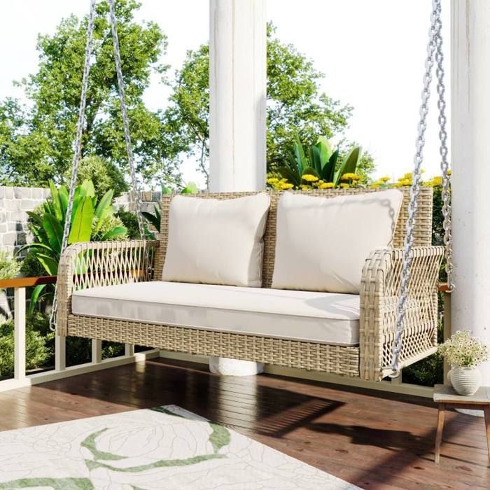 Balancelle de jardin - LANGTU - 2 places - Polyrattan rotin beige - Coussins 11 cm - Chaînes robustes