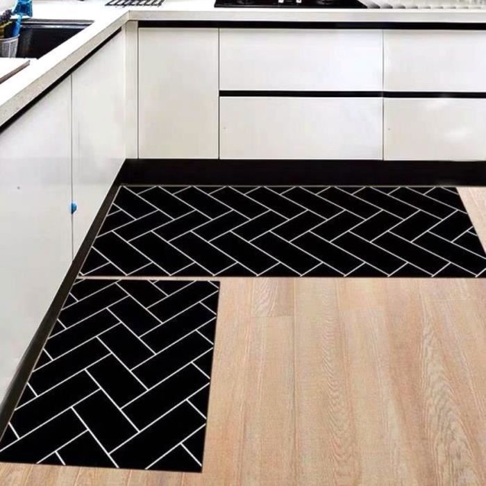 Tapis Cuisine Devant Evier - 2 Pièces Tapis Cuisine Antidérapant Absorbent - 40x60cm & 40x120cm Noir Blanc