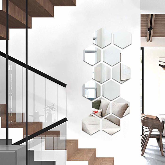 12 pegatinas acrílicas con efecto espejo para pared, ideales para salón y dormitorio, 17,7 cm x 15,3 cm (hexagonales, plateadas).