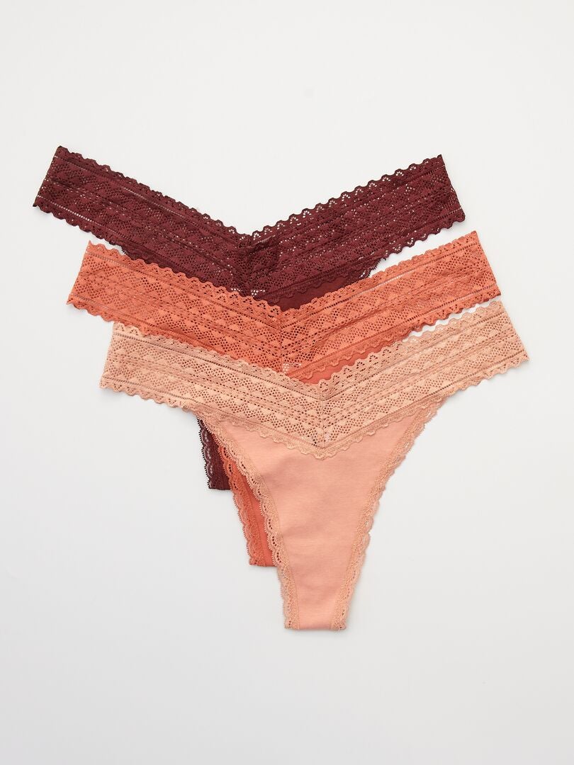Set van 3 katoenen en kanten stringtjes - ROZE