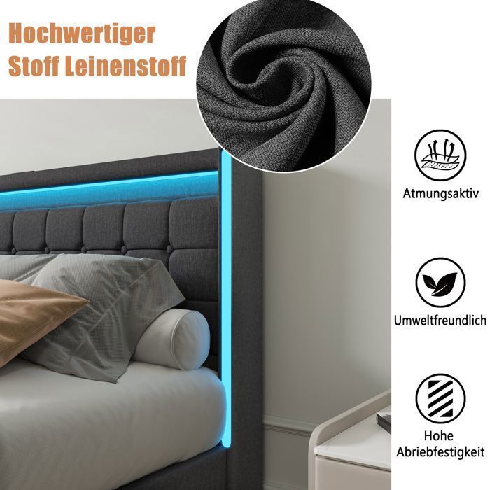 Letto matrimoniale 180 x 200 cm, letto per adulti 180x200 cm con 4 cassetti, con porta USB e illuminazione a LED, struttura letto, con testiera, biancheria, grigio scuro