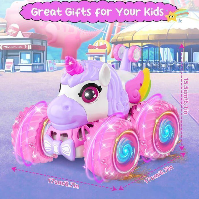 Voiture Télécommandée Licorne pour Filles Véhicule Tout-Terrain RC Rechargeable Lumières LED & Musique, Cascades 360°- 17*17*15.5 cm