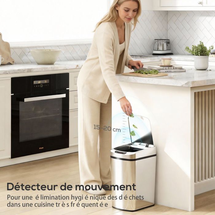 Poubelle de cuisine automatique - HOMCOM - 12 L - poubelle à capteur avec couvercle - acier inoxydable - 28 x 22 x 41 cm - argent