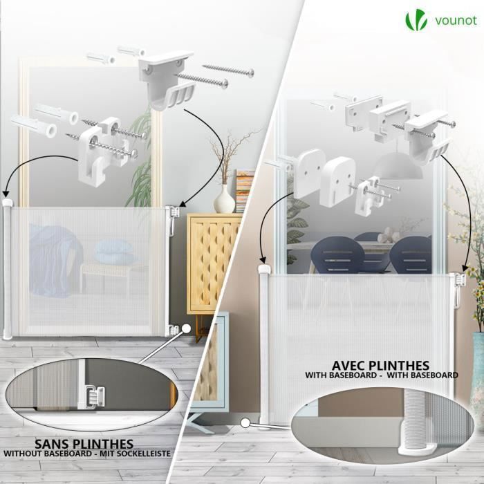 Cancello di sicurezza retrattile VOUNOT® da 180 cm, bianco - Doppia chiusura con una sola mano - Per neonati, bambini e cani