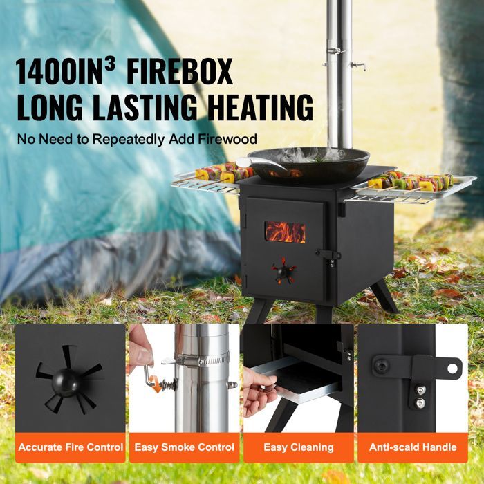Portable Wood Stove - DUOKU - 86 in - Alloy Steel - 1400 cu in Firebox - 8 Chimney Pipes