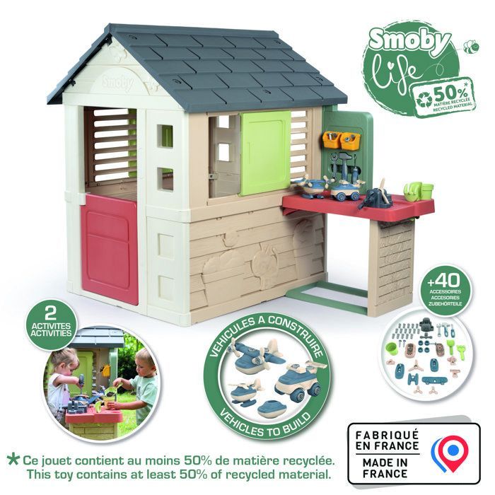 Smoby Life - Maison Nature + Atelier - Fabriquée en France - Matière Recyclée - 39 accessoires - Dès 2 ans