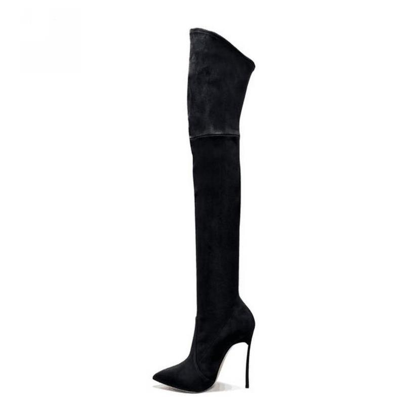 Scarpe da donna autunnali alla moda, stivali sopra il ginocchio con tacco a spillo, stivali sexy sopra il ginocchio con punta a punta e tacco alto 12 cm, stivali lunghi da donna neri