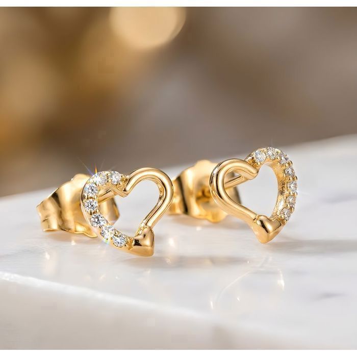 Earrings - Women's - Studs - Heart - 18k Yellow Gold Plated - Sparkling Zircons - 9 x 8 mm