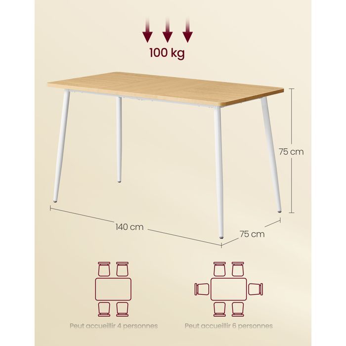 Table à Manger, pour 4-6 Personnes, Style Ferme, Surface Résistante à la Chaleur, 75 x 140 x 75 cm, Doré Chêne et Blanc Nuage