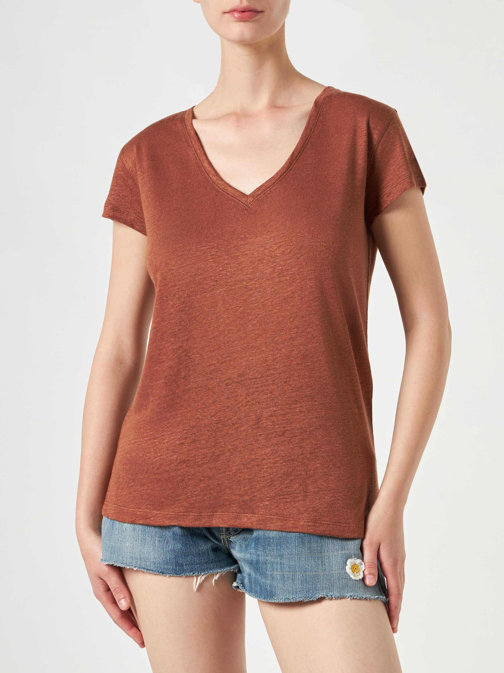 Bruin linnen dames T-shirt