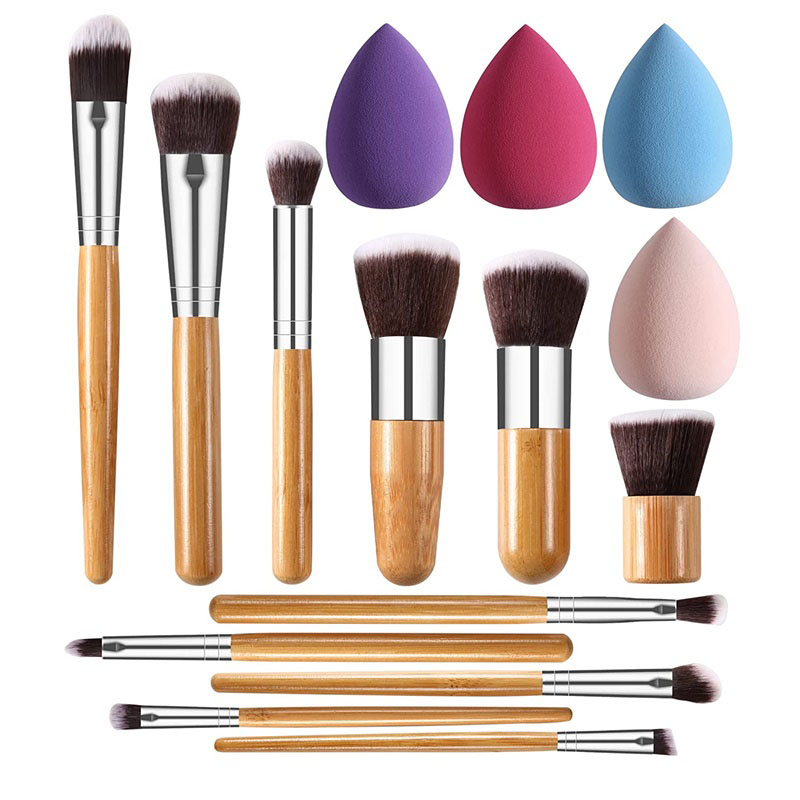 Ensemble de pinceaux de maquillage en bambou Professional-START : 11 mini pinceaux de maquillage et 4 éponges estompeuses pour fond de teint, poudre, correcteur, fards à paupières, blush et autres cosmétiques pour le visage.