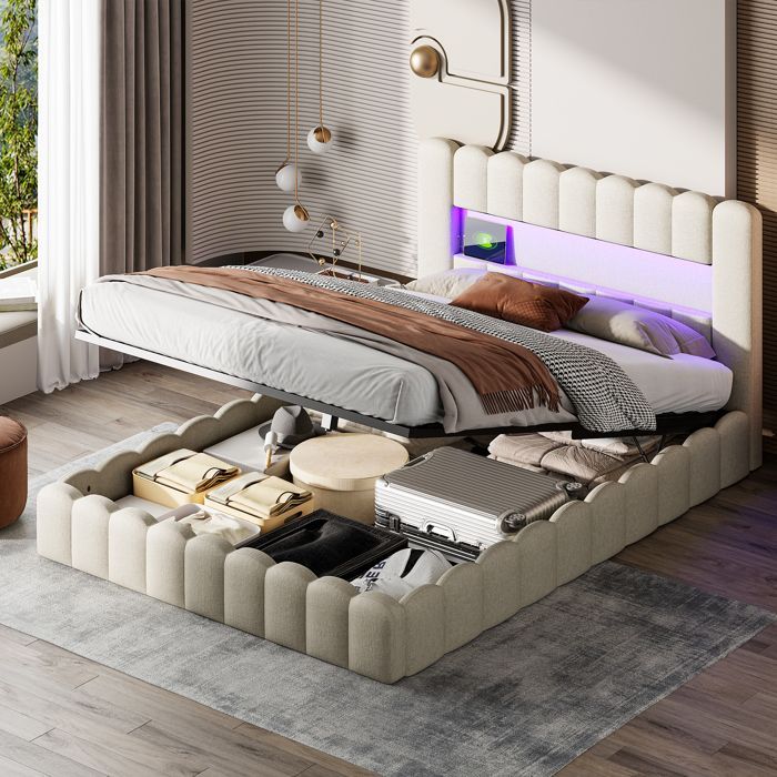 Letto contenitore 180x200 cm con ricarica USB Type-C e illuminazione a LED, letto matrimoniale idraulico con rete a doghe, letto funzionale, contenitore, lino beige