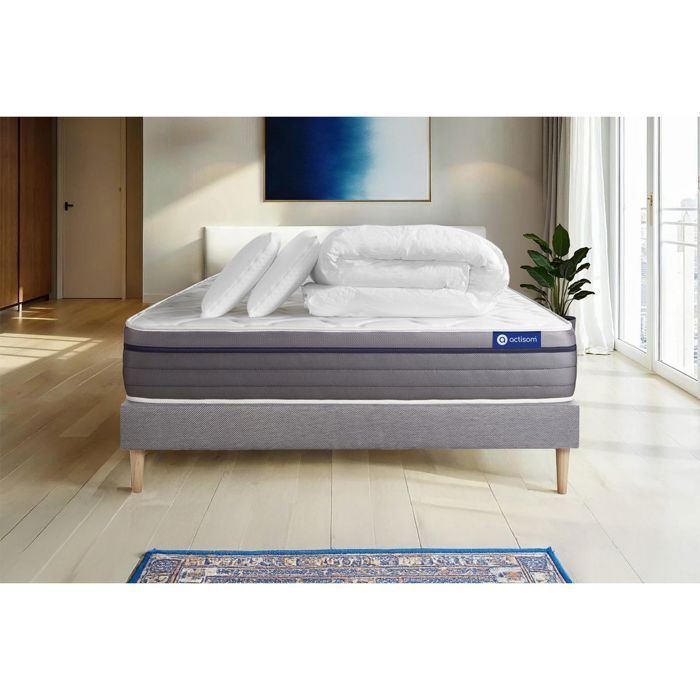 Complete beddenset 200x200 cm - Matras + Grijze bedbodem (montage vereist) + 2 kussens + Dekbed - Actilatex Ze
