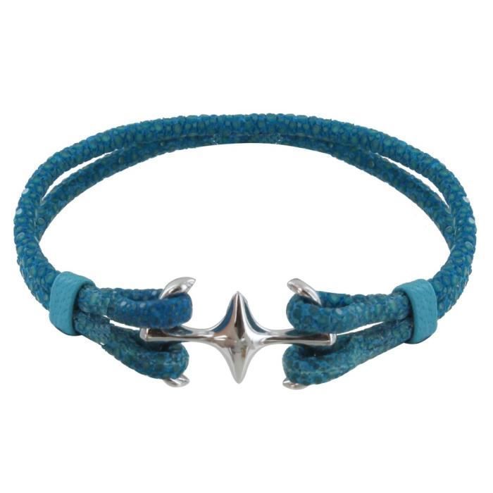 Les Poulettes Bijoux - Unisex gerhodineerde zilveren armband met dubbel anker en shagreen - 18 cm - Turkoois