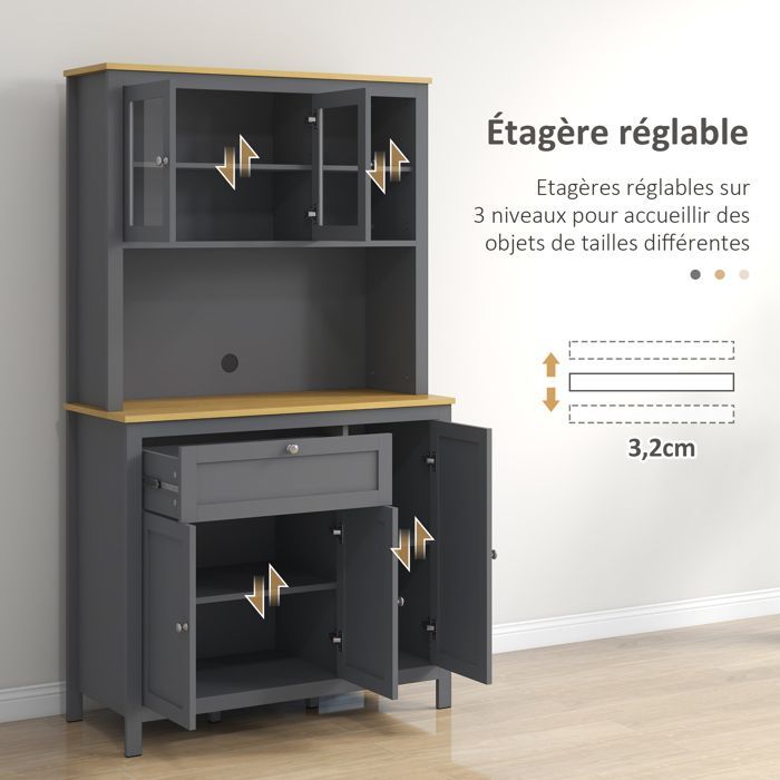 Mobile da cucina HOMCOM con 3 ante, cassetto, nicchie, sistema di gestione cavi, ripiani regolabili e ante in vetro, grigio.