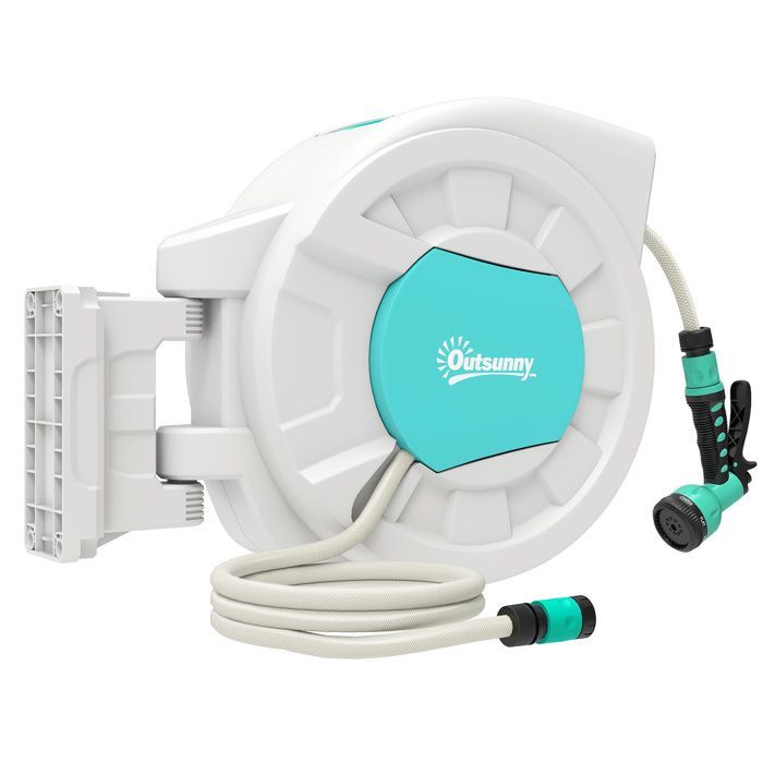 Outsunny Garden Hose Reel - 35+2 m - Wall Mount + Handle - 180° Swivel - 7 Spray Patterns - Light Grey