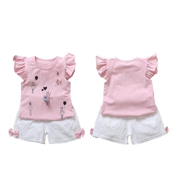 Conjunto de verano para niñas, camiseta de manga corta con volantes y pantalones, traje informal, rosa.