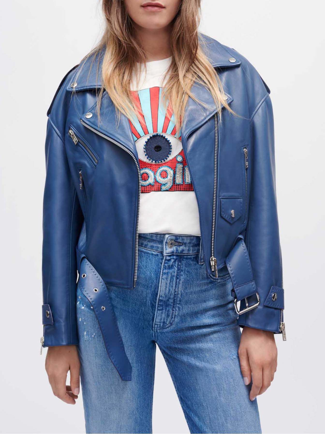 Leren bikerjack met wijde pijpen - Blauw
