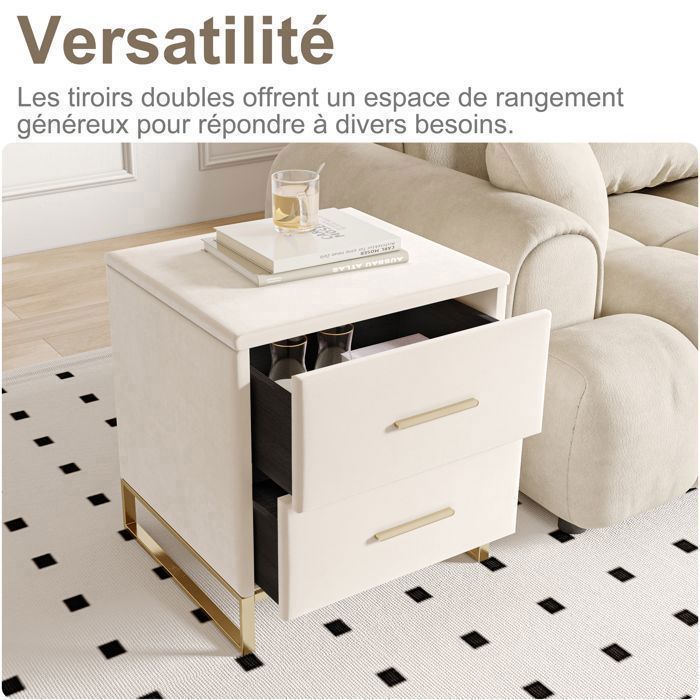 Juego de 2 mesitas de noche LUMINARIX, mesita de noche con 2 cajones, tiradores y patas de metal dorado, 40 × 40 × 50 cm, terciopelo beige.