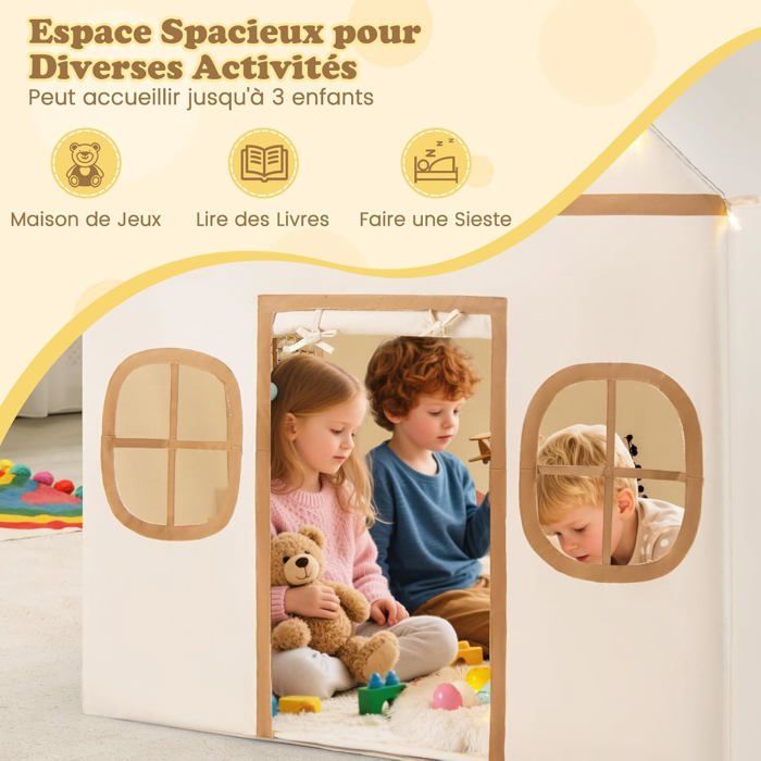 COSTWAY Tente de Jeux Enfant avec 4 Fenêtres et Guirlandes Lumineuses Étoiles, Tapis Antidérapant et Coton Lavable, 3-10 Ans Gris