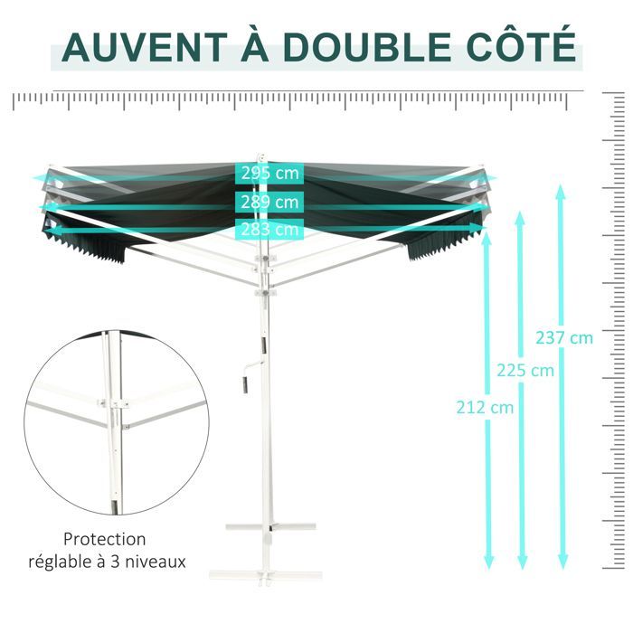 Toldo doble inclinado de 4 x 3 m, retráctil manual, con inclinación ajustable, de metal, impermeable, de poliéster, color verde oscuro.