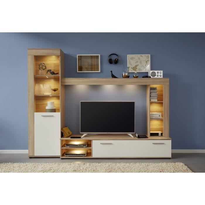 Ensemble meuble TV 3 pièces LOGO - 1 Porte - LED - Mélamine chêne clair et blanc mat - L240 x P41 x H185 cm - TRENDTEAM