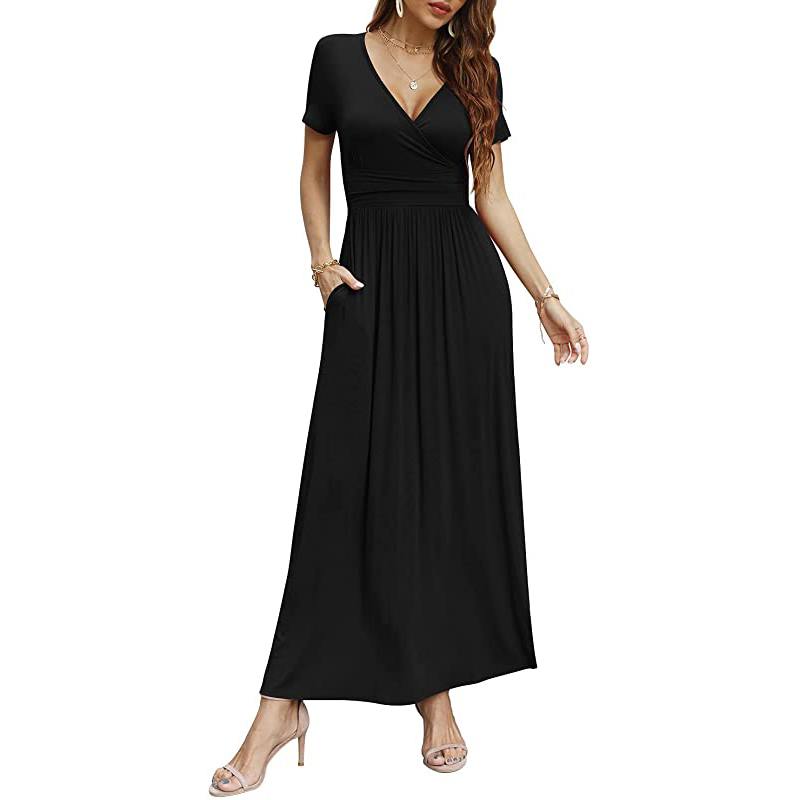 Robe longue décontractée à manches courtes et décolleté en V profond pour femme, robe maxi plissée à taille haute