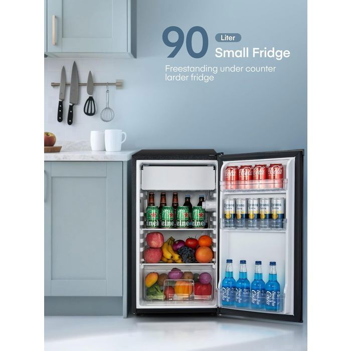 FOHERE Compact 90L Fridge Freezer with Adjustable and Silent Reversible Door, Ideal for Office, Apartment or Bedroom