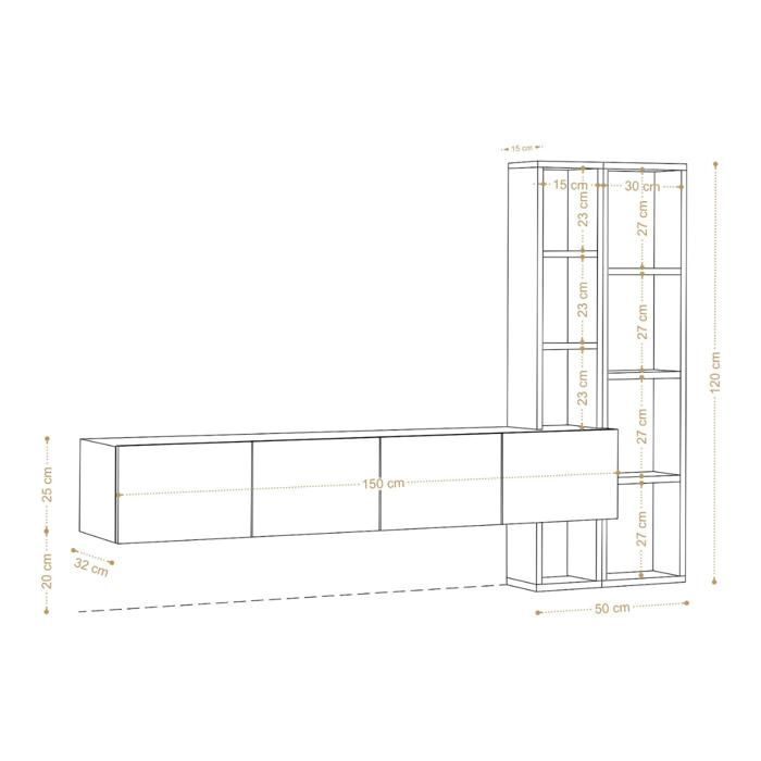 CALICOSY - Meuble TV suspendu 4 portes blanc et étagère chêne L182 cm - PANA - Blanc