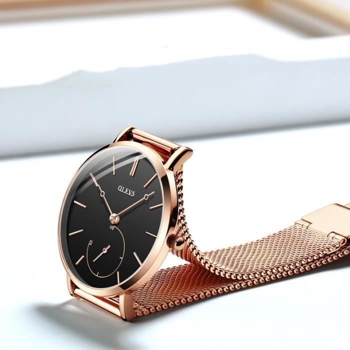 Orologi da donna di design - Ultrasottili - Quadrante con secondi separati - Acciaio - Nero/Oro rosa