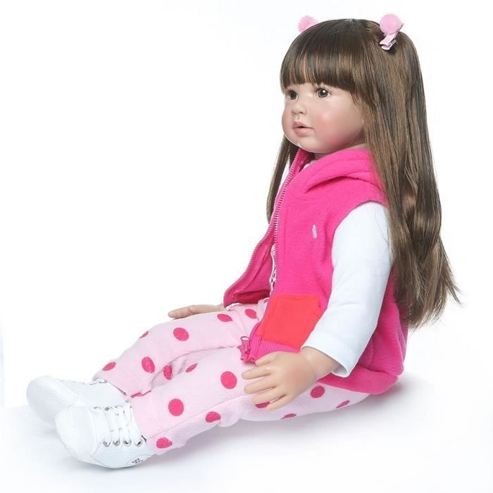 Bambola reborn HZDHCLH, femmina, silicone, capelli lunghi, 60 cm, vestito con gonna rosa e rossa