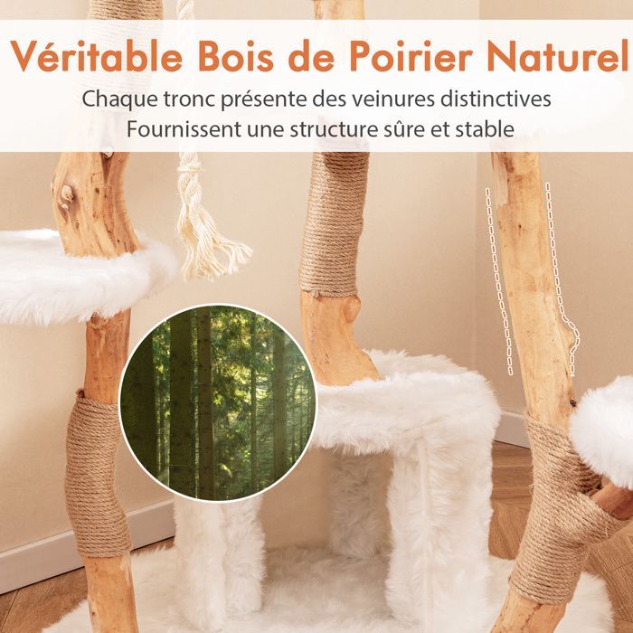 Árbol rascador de madera multinivel para gatos COSTWAY de 168 cm con perchas, casita, postes rascadores de yute, cuerda de sisal, juguete de peluche y pelota colgante.