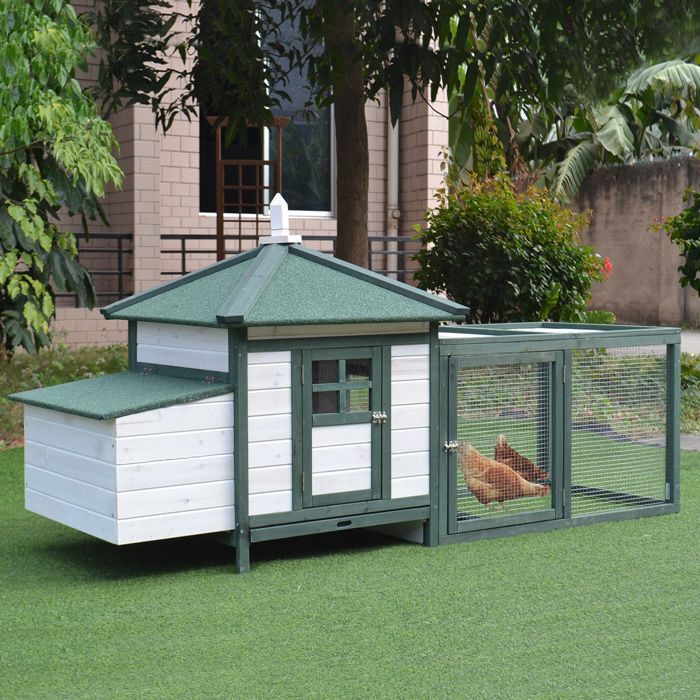 Kippenhok - PawHut - Cottage zitstok, hellingbaan, nestkast, omheining, mestbak - Grenenhout - 196x76x97cm - Groen en wit