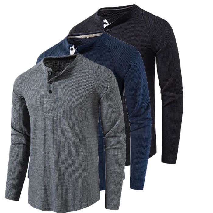 Camiseta para hombre - FONDUPIN - Pack de 3 - Cuello redondo - Manga larga - Gris oscuro + Azul + Negro
