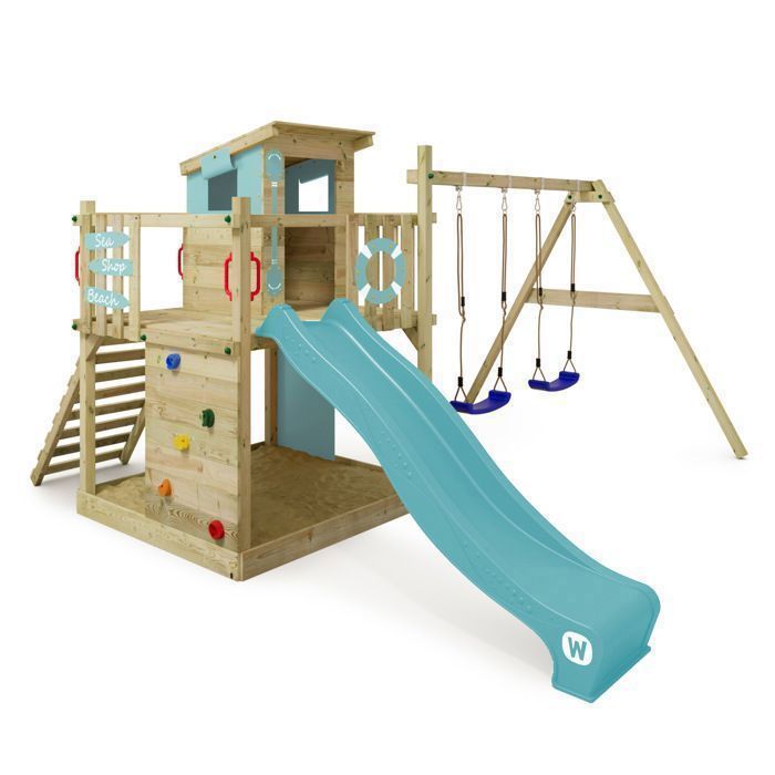 Aire de jeux bois WICKEY Smart Camp avec toboggan 220 cm bleu pastel, double balançoire et maisonnette – 10 ans de garantie*