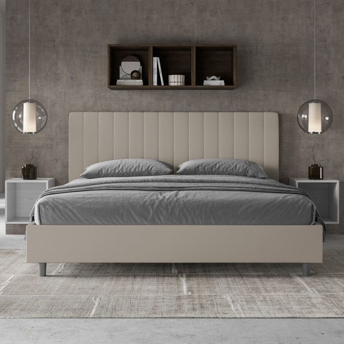 Cama tamanho king - Ityhome - Agueda - 200x200 cm - Couro sintético taupe - Cabeceira estofada