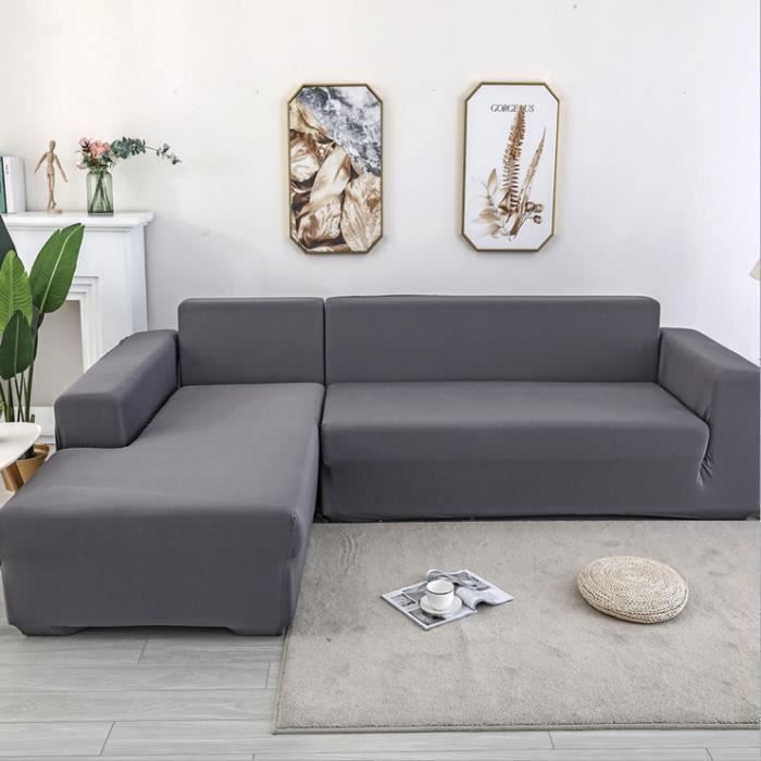 Funda para sofá esquinero en forma de L - Poliéster - Gris - 3+2 plazas - Lavable