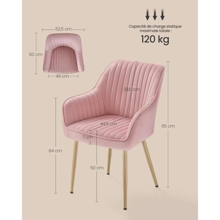 Chaise Salle à Manger, lot de 2, Chaise de Cuisine, Fauteuil en Velours, Rembourrée, avec Accoudoirs, Rose Bonbon et Doré Clair