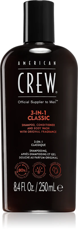 American Crew Hair & Body 3 em 1: Shampoo, Condicionador e Gel de Banho para Homens