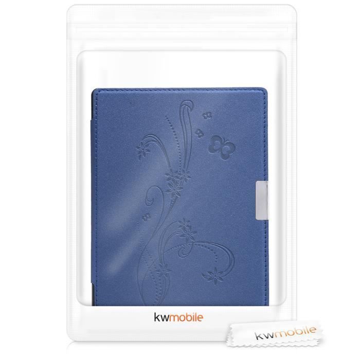 Étui liseuse - kwmobile - Kobo Aura Edition 1 - Housse simili cuir - Rabat magnétique - Papillons et fleurs bleu