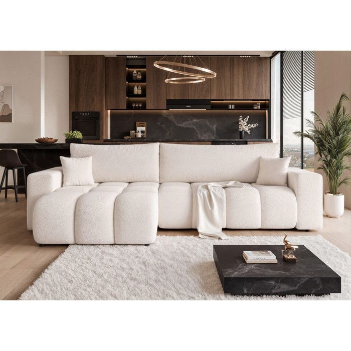 Sofá esquinero reversible OFI - 5 plazas - Sofá convertible con almacenamiento - Tejido suave al tacto - Color crema
