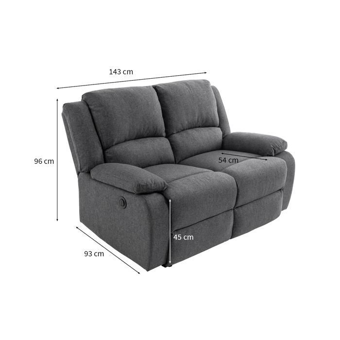 Sofá reclinable eléctrico de 2 plazas LEO en tela - 143 x 93 x 96 cm - LOUNGITUDE