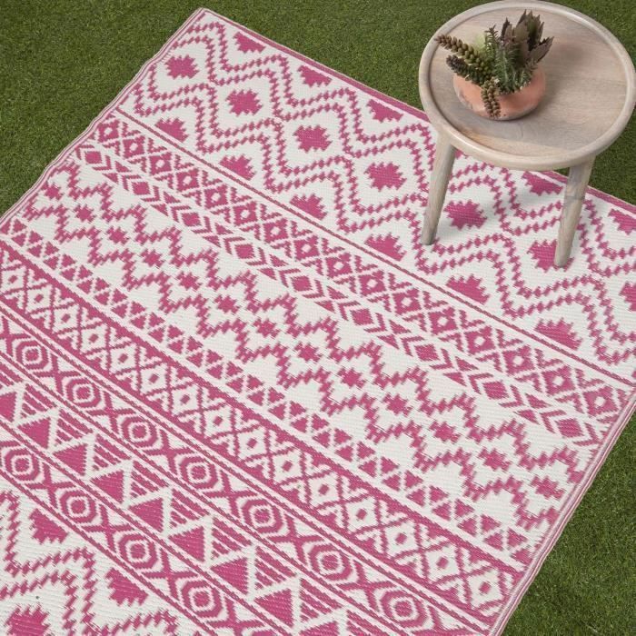 Tapis extérieur jardin imperméable, réversible et résistant UV - Tia - 180x270 cm - Rose - Matériaux recyclés - Homescapes