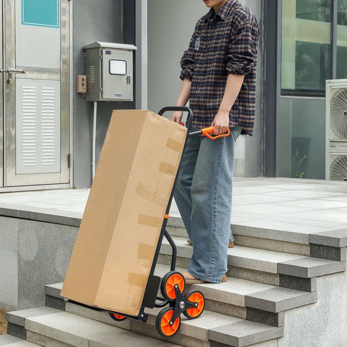 Carretilla elevadora para escaleras - DURHAND - plegable - 120 kg - 6 ruedas - cuerdas telescópicas - estructura de acero - 44x38x106,5 cm - naranja