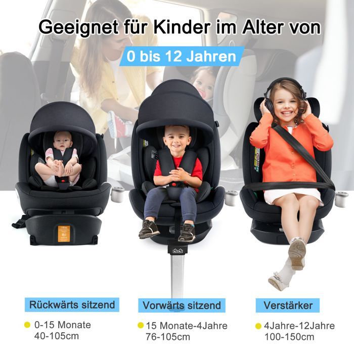 Silla de coche i-Size giratoria 360° - ISOFIX - 40-150 cm de 0 a 12 años (0-36 kg) - Capota y portavasos - Reposacabezas ajustable - Negra