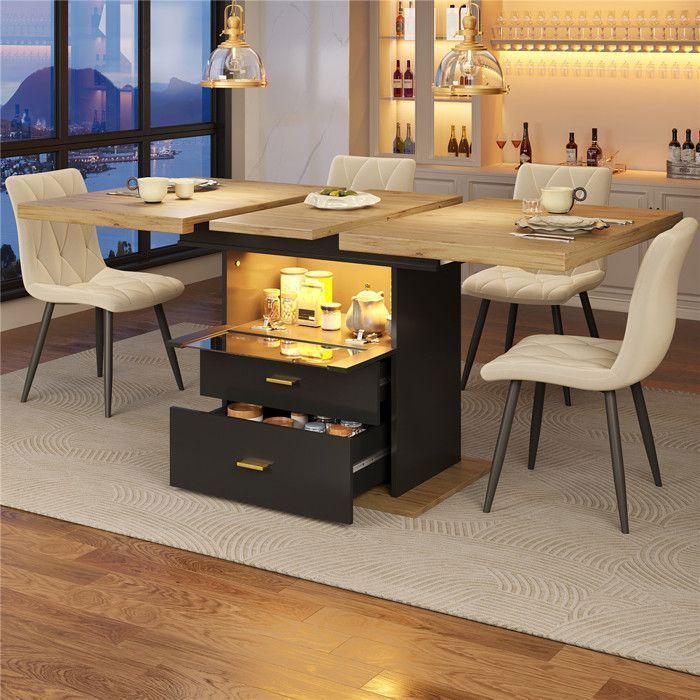 Table a Manger Extensible Bois 4 à 6 Personnes avec Éclairage LED, Table de Cuisine 110-140×80 cm avec Rangement et Tiroirs, Noir