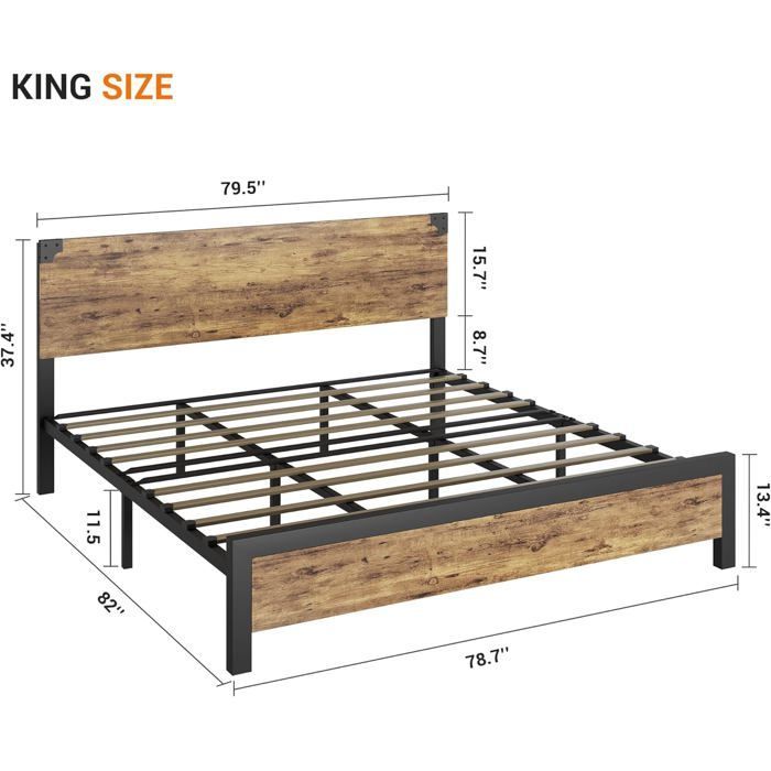 Cadre de lit king size - LUNSY - 208x200x95 cm - Neuf pieds de soutien - 12 lattes nervurées - Supporte 318 kg