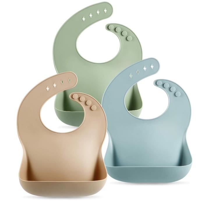 Baberos de silicona impermeables para bebés, juego de 3 baberos de silicona suave para la hora de comer con 4 botones ajustables y bolsillo.
